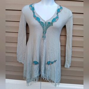 Vanita Rosa Beige Tunic with Blue Embroidery 100% Cashmere Size S Or M